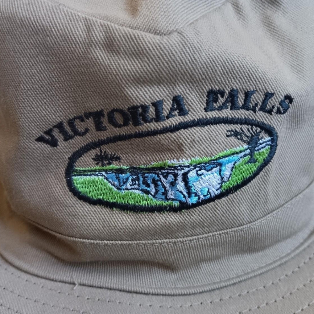 Vintage Victoria Falls Khaki Safari Sun Hat Wide Brim Embroidered Waterfall Cap - Picture 2 of 8